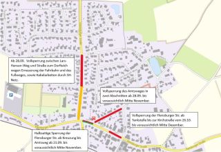 Karte der Stra&szlig;ensperrungen und Bauabschnitte an Gl&uuml;cksburger Stra&szlig;e, Amtsweg und Flensburger Stra&szlig;e in Husby.