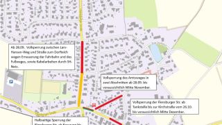 Karte der Stra&szlig;ensperrungen und Bauabschnitte an Gl&uuml;cksburger Stra&szlig;e, Amtsweg und Flensburger Stra&szlig;e in Husby.